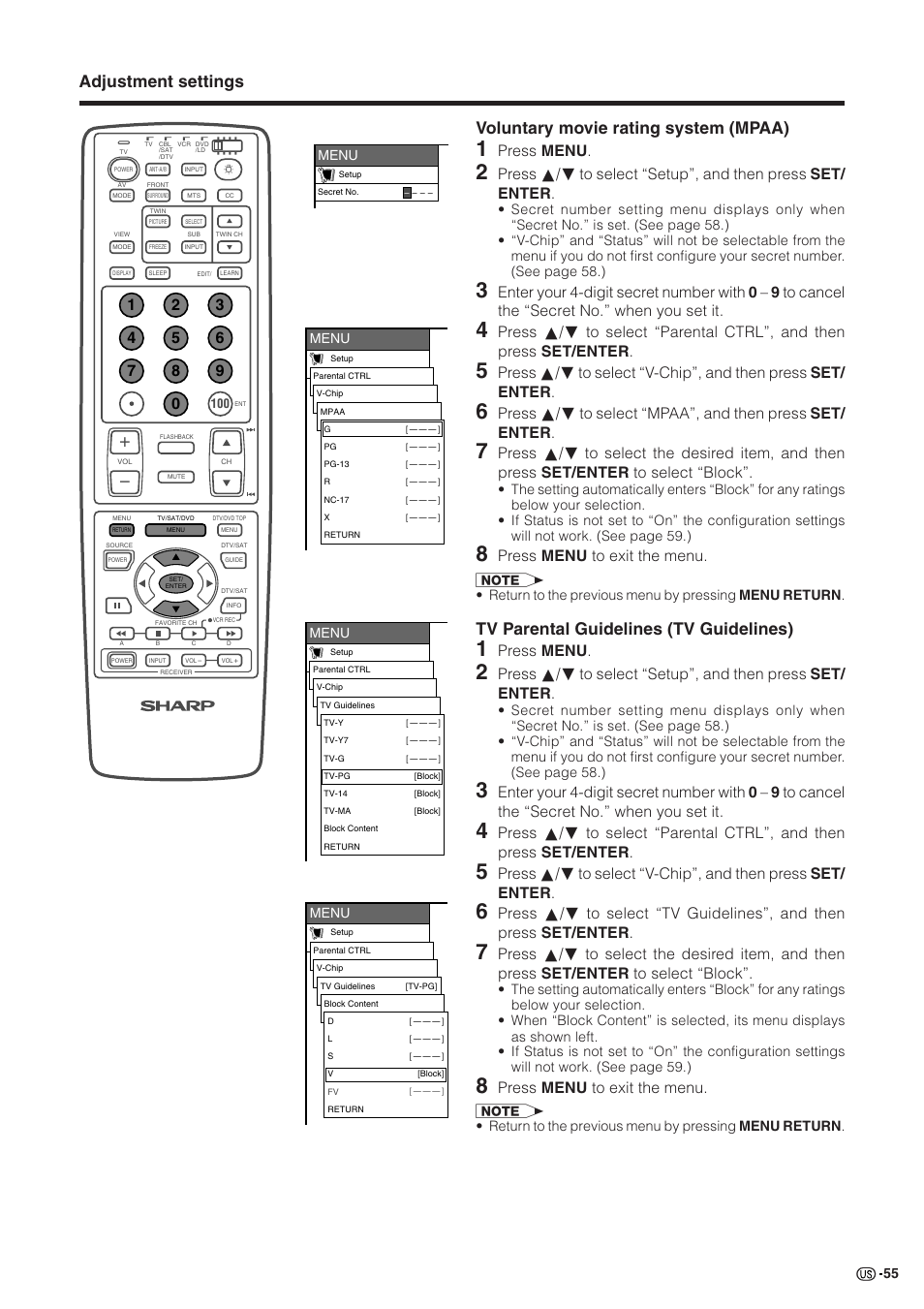 Adjustment settings, Voluntary movie rating system (mpaa), Tv parental guidelines (tv guidelines) | Press menu, Press menu to exit the menu | Sharp Aquos LC 30HV2U User Manual | Page 56 / 81