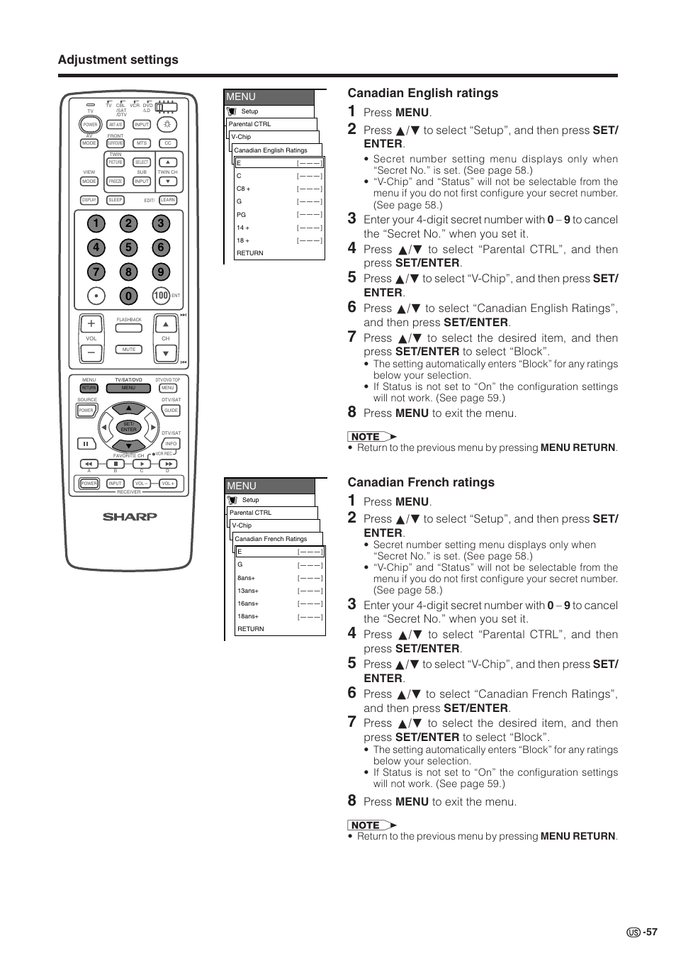 Adjustment settings, Canadian english ratings, Canadian french ratings | Press menu, Press menu to exit the menu | Sharp Aquos LC 30HV2U User Manual | Page 58 / 81