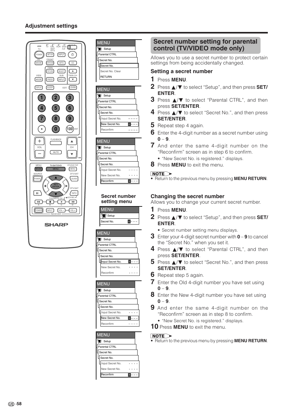 Adjustment settings, Setting a secret number, Changing the secret number | Press menu, Repeat step 4 again, Press menu to exit the menu, Secret number setting menu, Allows you to change your current secret number, Repeat step 5 again | Sharp Aquos LC 30HV2U User Manual | Page 59 / 81