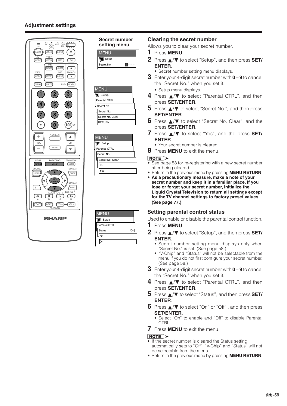 Adjustment settings clearing the secret number, Setting parental control status, Allows you to clear your secret number | Press menu, Press menu to exit the menu, Secret number setting menu | Sharp Aquos LC 30HV2U User Manual | Page 60 / 81