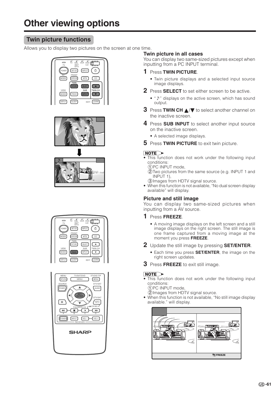 Other viewing options, Twin picture functions, Picture and still image | Twin picture in all cases, Press freeze, Update the still image by pressing set/enter, Press freeze to exit still image, Press twin picture, Press select to set either screen to be active, Press twin picture to exit twin picture | Sharp Aquos LC 30HV2U User Manual | Page 62 / 81