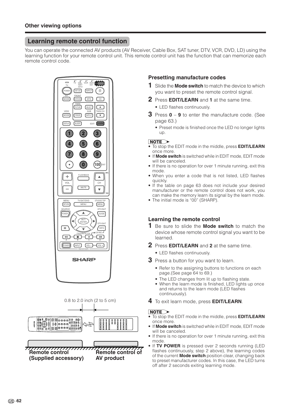 Learning remote control function, Other viewing options, Presetting manufacture codes | Learning the remote control, Press edit/learn and 1 at the same time, Press edit/learn and 2 at the same time, Press a button for you want to learn | Sharp Aquos LC 30HV2U User Manual | Page 63 / 81