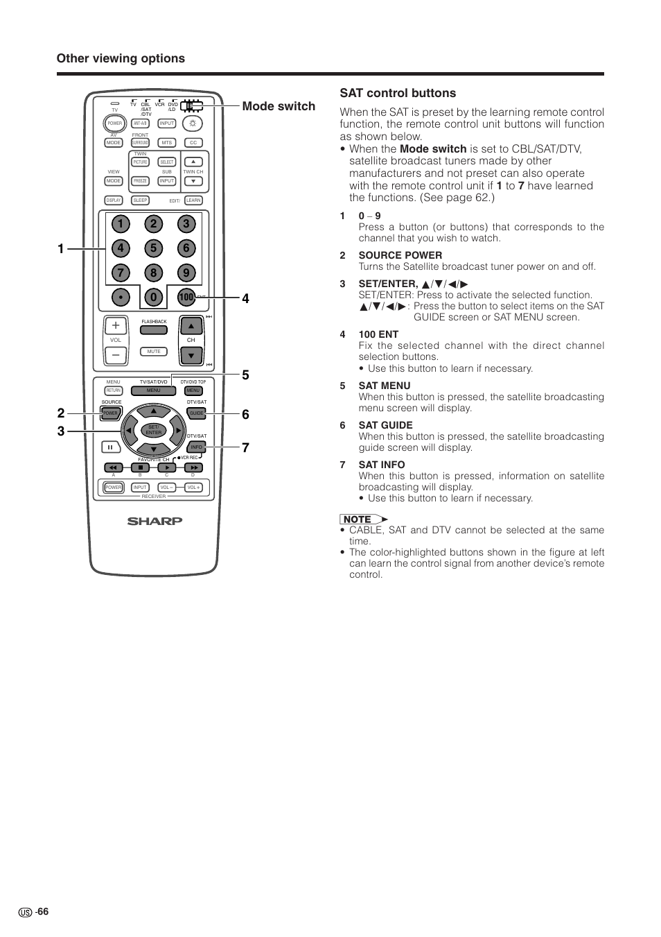 Other viewing options sat control buttons, Mode switch | Sharp Aquos LC 30HV2U User Manual | Page 67 / 81