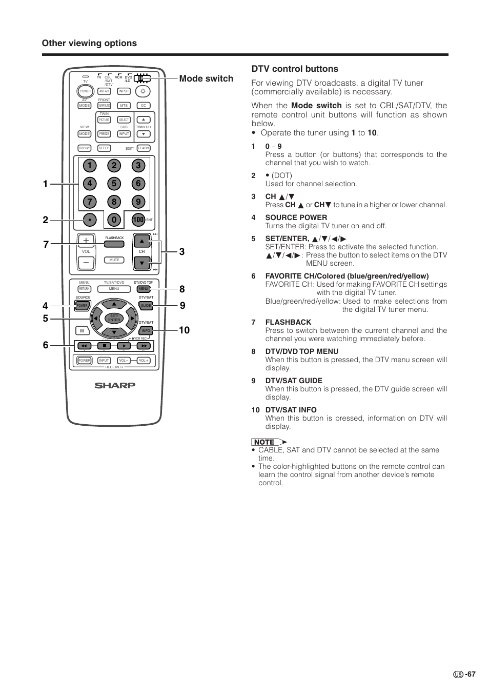 Other viewing options dtv control buttons, Mode switch | Sharp Aquos LC 30HV2U User Manual | Page 68 / 81