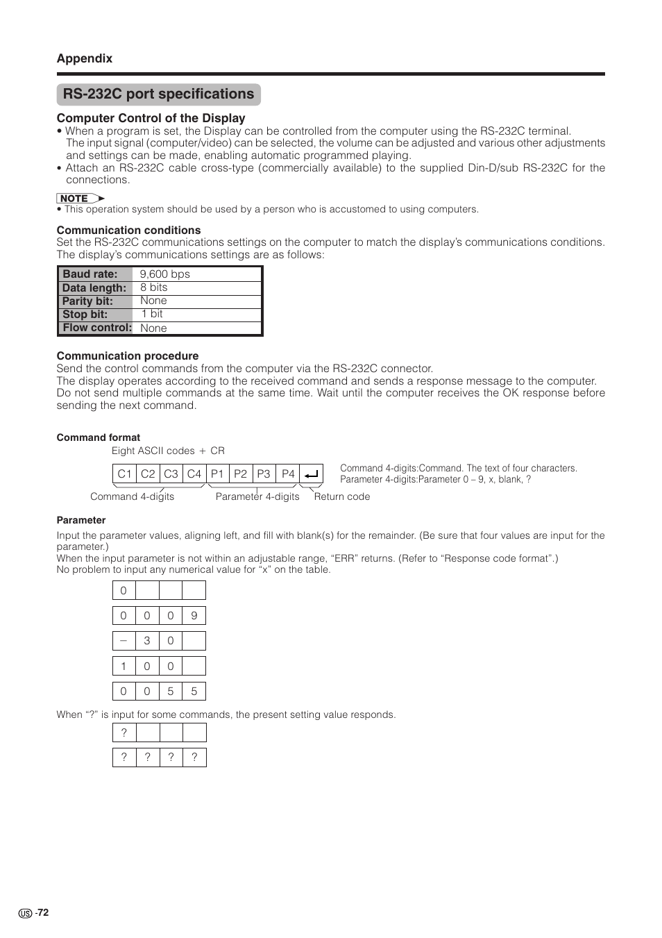 Rs-232c port specifications | Sharp Aquos LC 30HV2U User Manual | Page 73 / 81