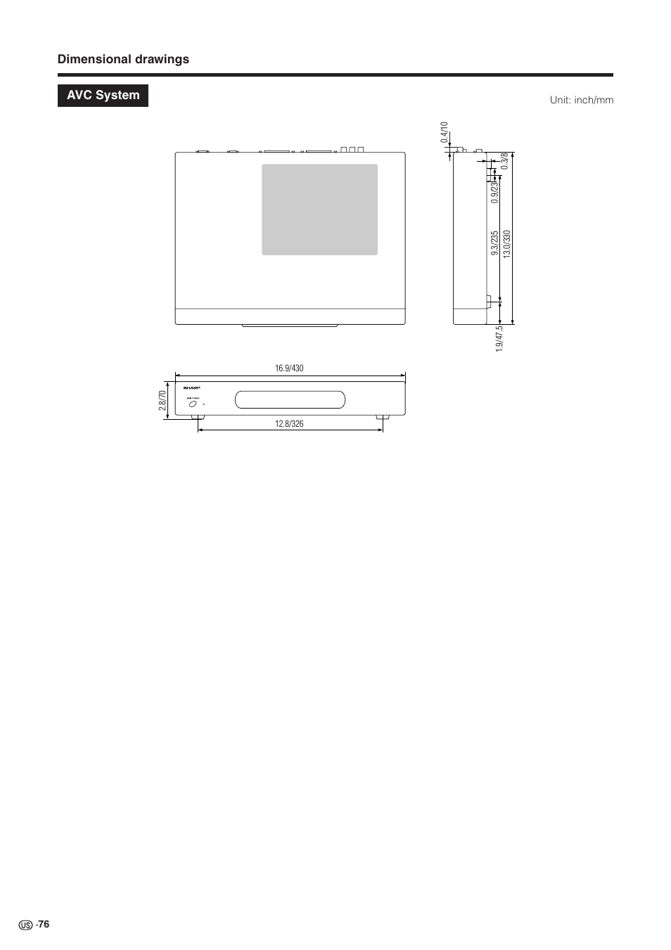 Dimensional drawings, Avc system | Sharp Aquos LC 30HV2U User Manual | Page 77 / 81