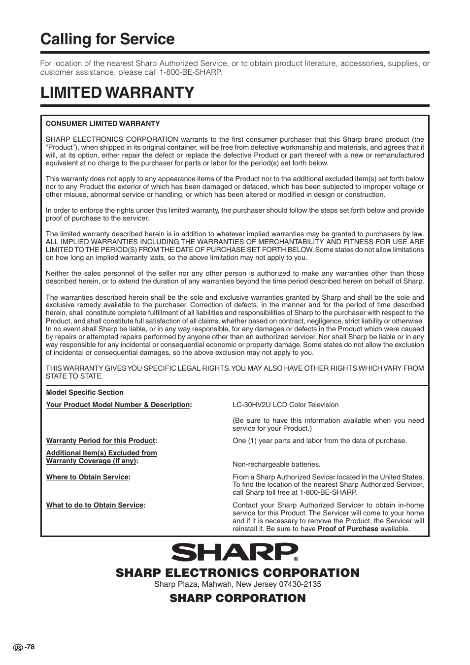 Calling for service, Limited warranty, Sharp electronics corporation | Sharp corporation | Sharp Aquos LC 30HV2U User Manual | Page 79 / 81