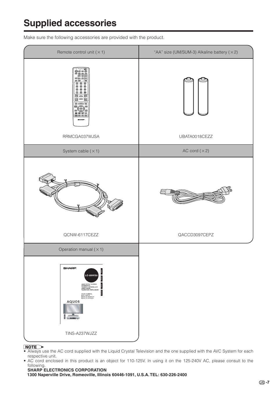 Supplied accessories | Sharp Aquos LC 30HV2U User Manual | Page 8 / 81