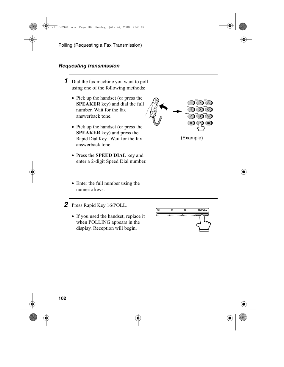 Requesting transmission, Rapid dial key, Example) | Sharp FO-2970M User Manual | Page 104 / 152