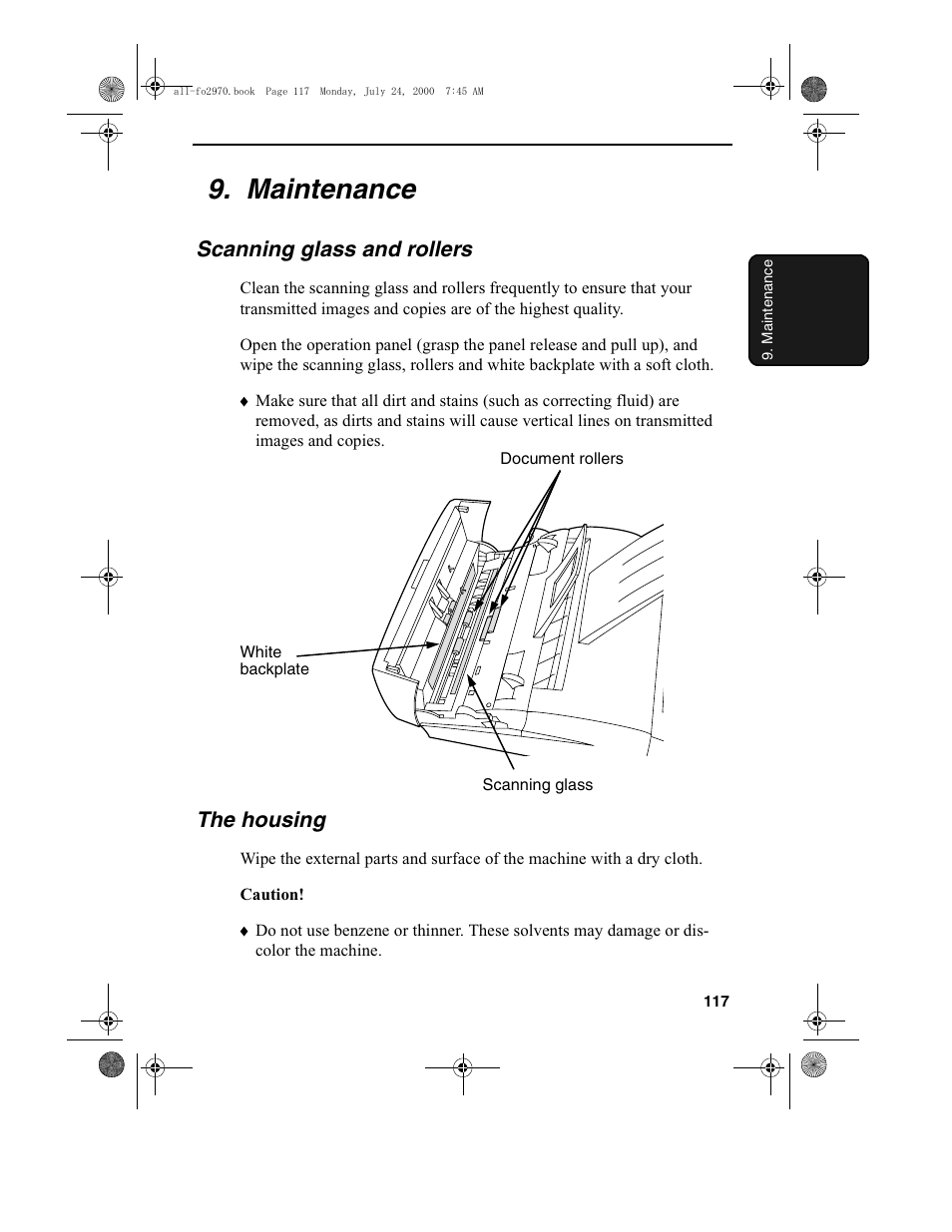 Maintenance, Scanning glass and rollers, The housing | Sharp FO-2970M User Manual | Page 119 / 152