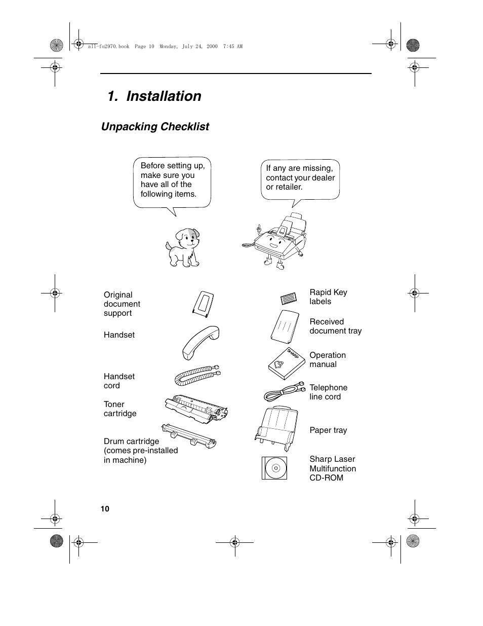 Installation, Unpacking checklist | Sharp FO-2970M User Manual | Page 12 / 152