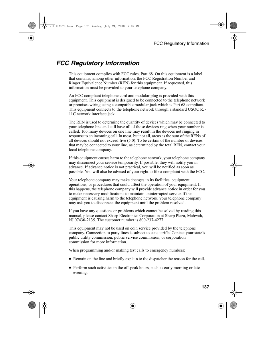 Fcc regulatory information | Sharp FO-2970M User Manual | Page 139 / 152