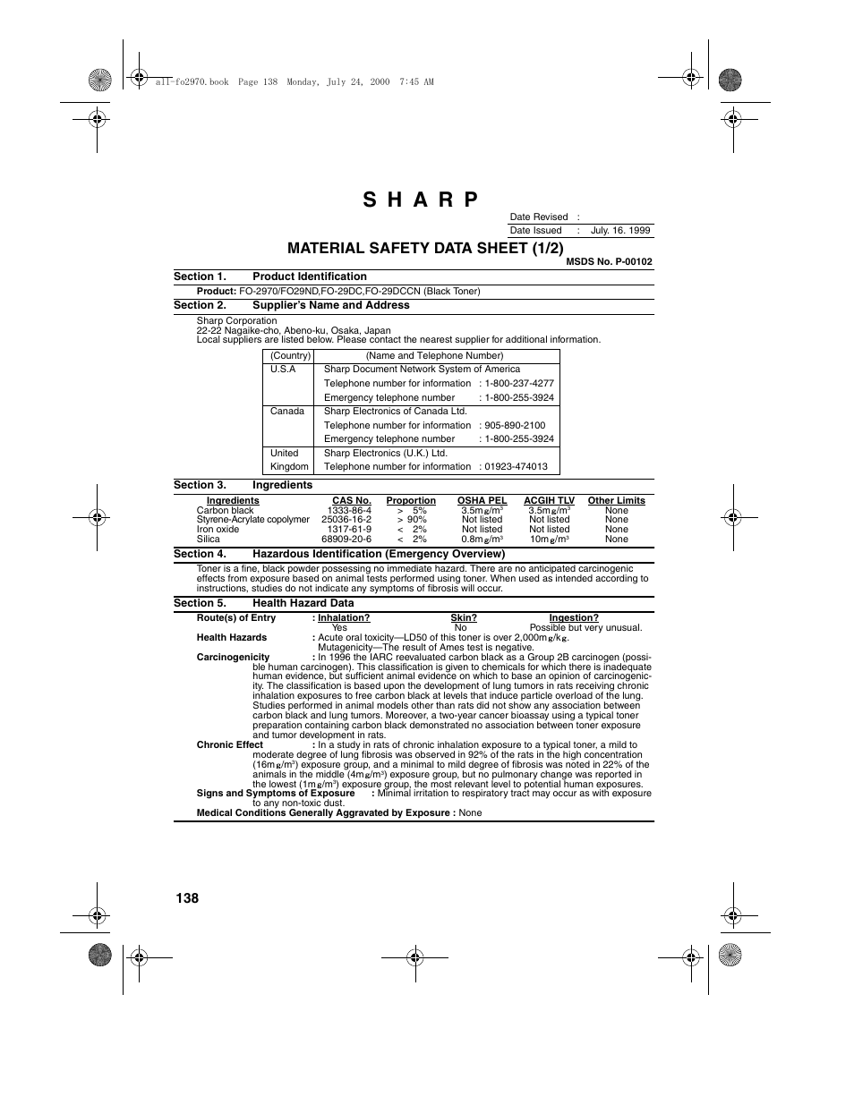 Material safety data sheet (1/2) | Sharp FO-2970M User Manual | Page 140 / 152