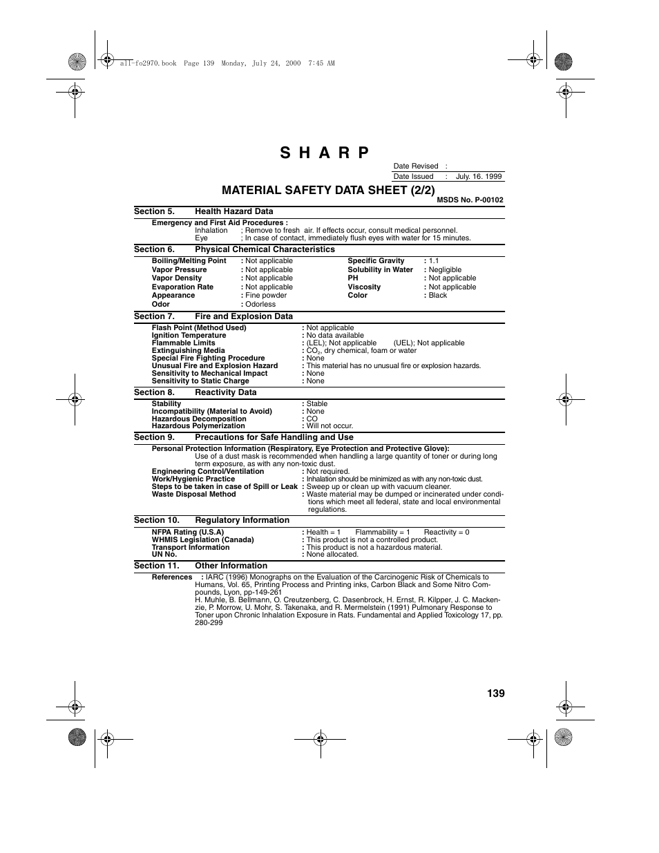 Material safety data sheet (2/2) | Sharp FO-2970M User Manual | Page 141 / 152