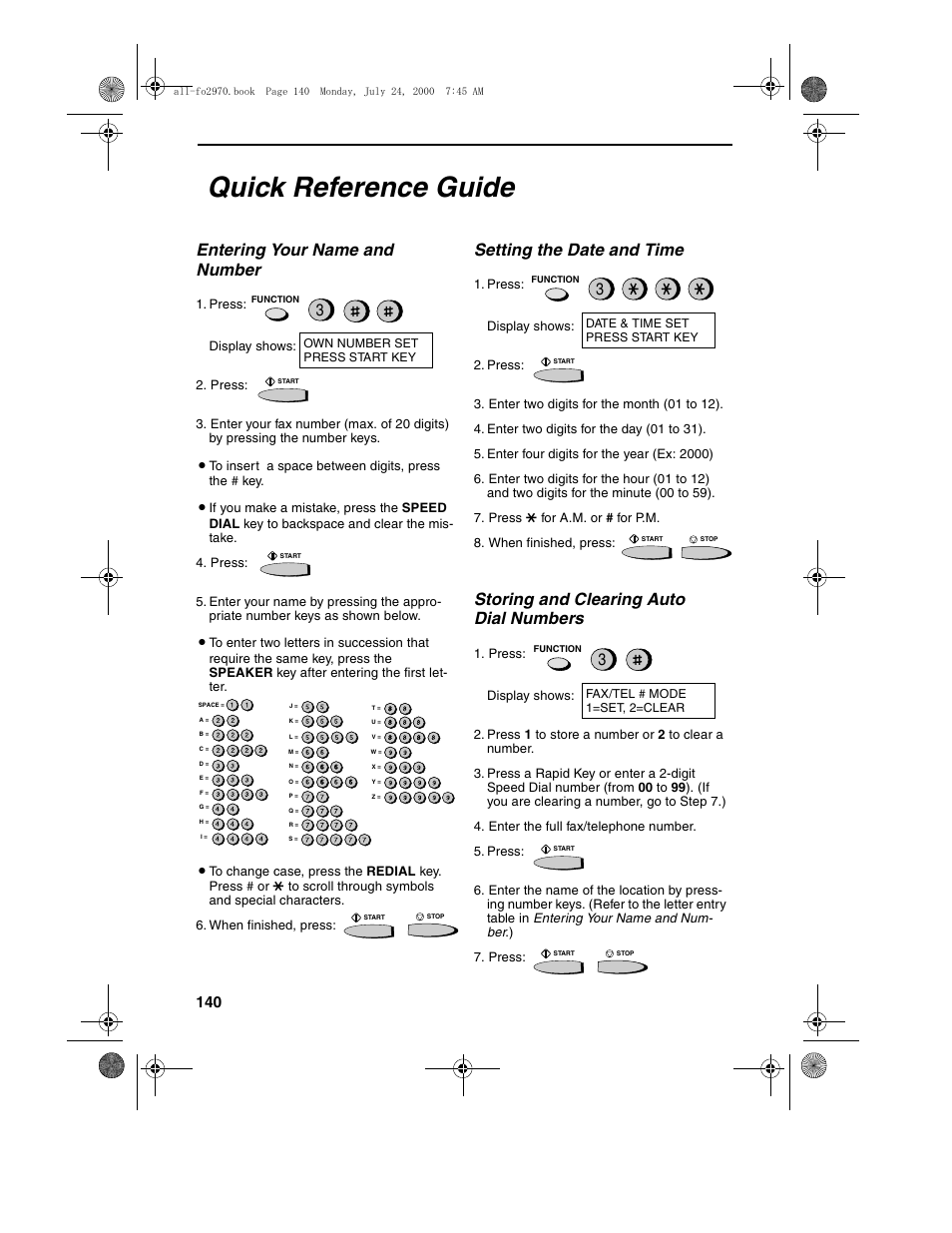 Quick reference guide, Entering your name and number, Setting the date and time | Storing and clearing auto dial numbers | Sharp FO-2970M User Manual | Page 142 / 152