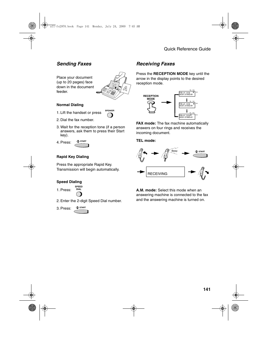 Sending faxes, Receiving faxes, Quick reference guide 141 | Sharp FO-2970M User Manual | Page 143 / 152