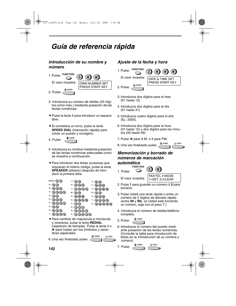 Guía de referencia rápida, Introducción de su nombre y número, Ajuste de la fecha y hora | Sharp FO-2970M User Manual | Page 144 / 152