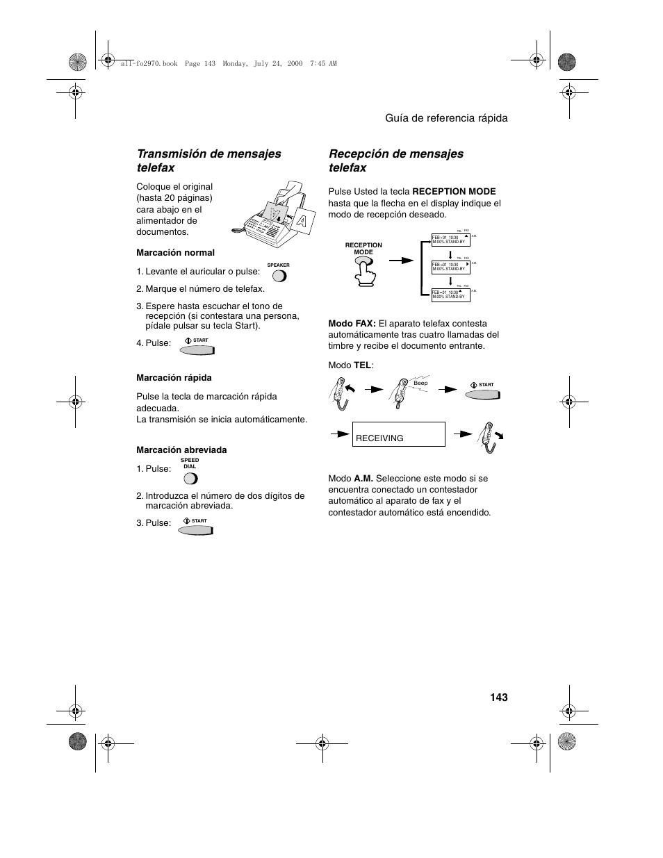 Transmisión de mensajes telefax, Recepción de mensajes telefax, Guía de referencia rápida 143 | Sharp FO-2970M User Manual | Page 145 / 152