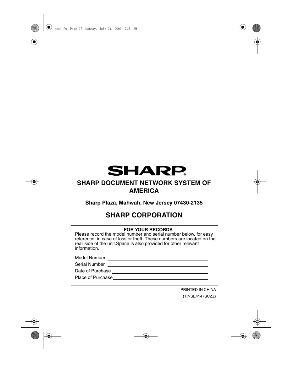 Sharp corporation, Sharp document network system of america | Sharp FO-2970M User Manual | Page 152 / 152