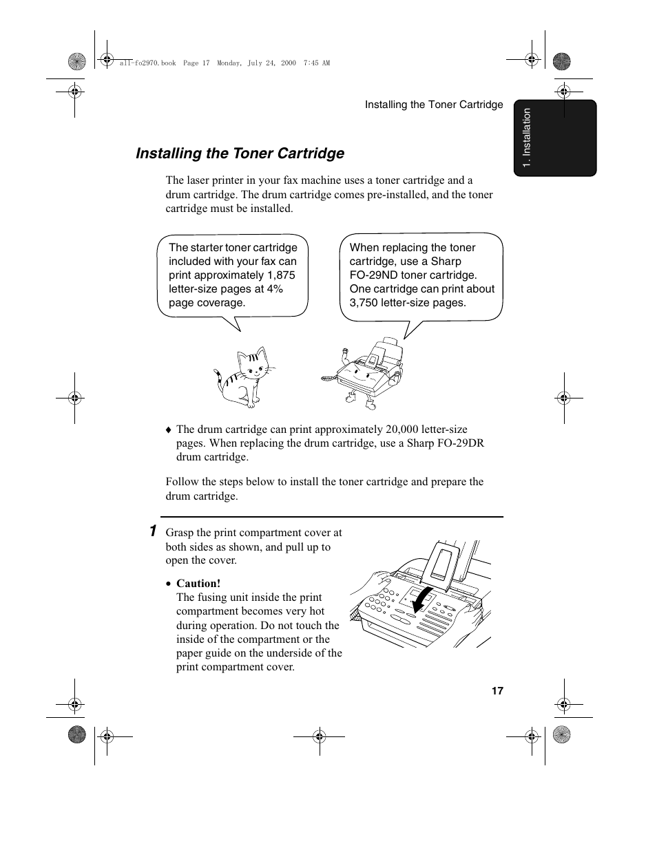 Installing the toner cartridge | Sharp FO-2970M User Manual | Page 19 / 152