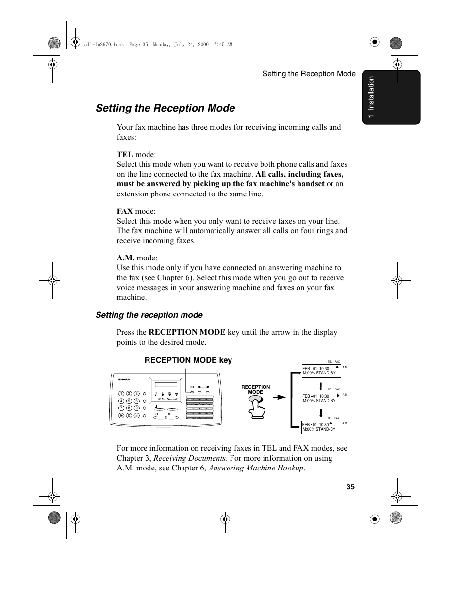 Setting the reception mode, Reception mode key, Setting the reception mode 35 | Ins tall a tion | Sharp FO-2970M User Manual | Page 37 / 152