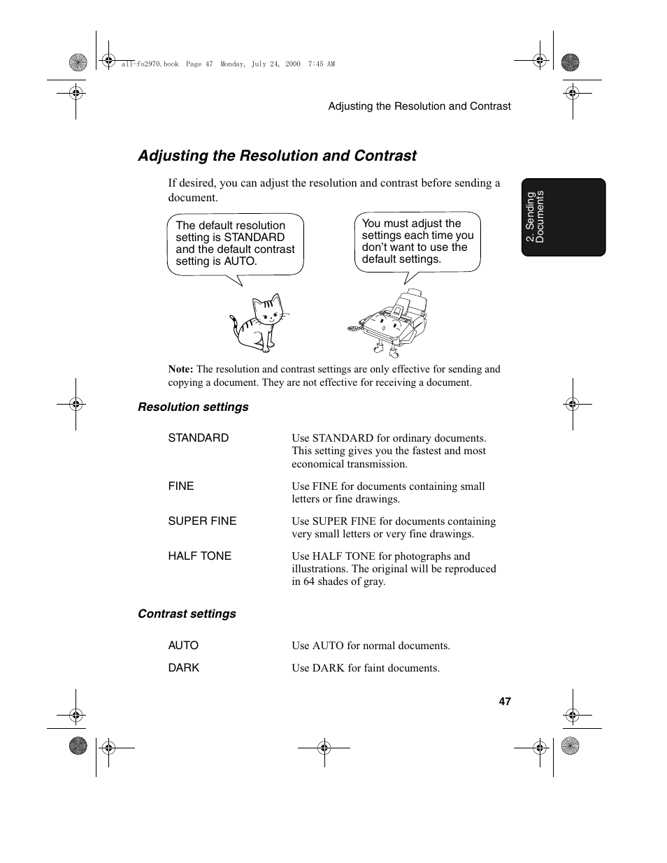 Adjusting the resolution and contrast | Sharp FO-2970M User Manual | Page 49 / 152