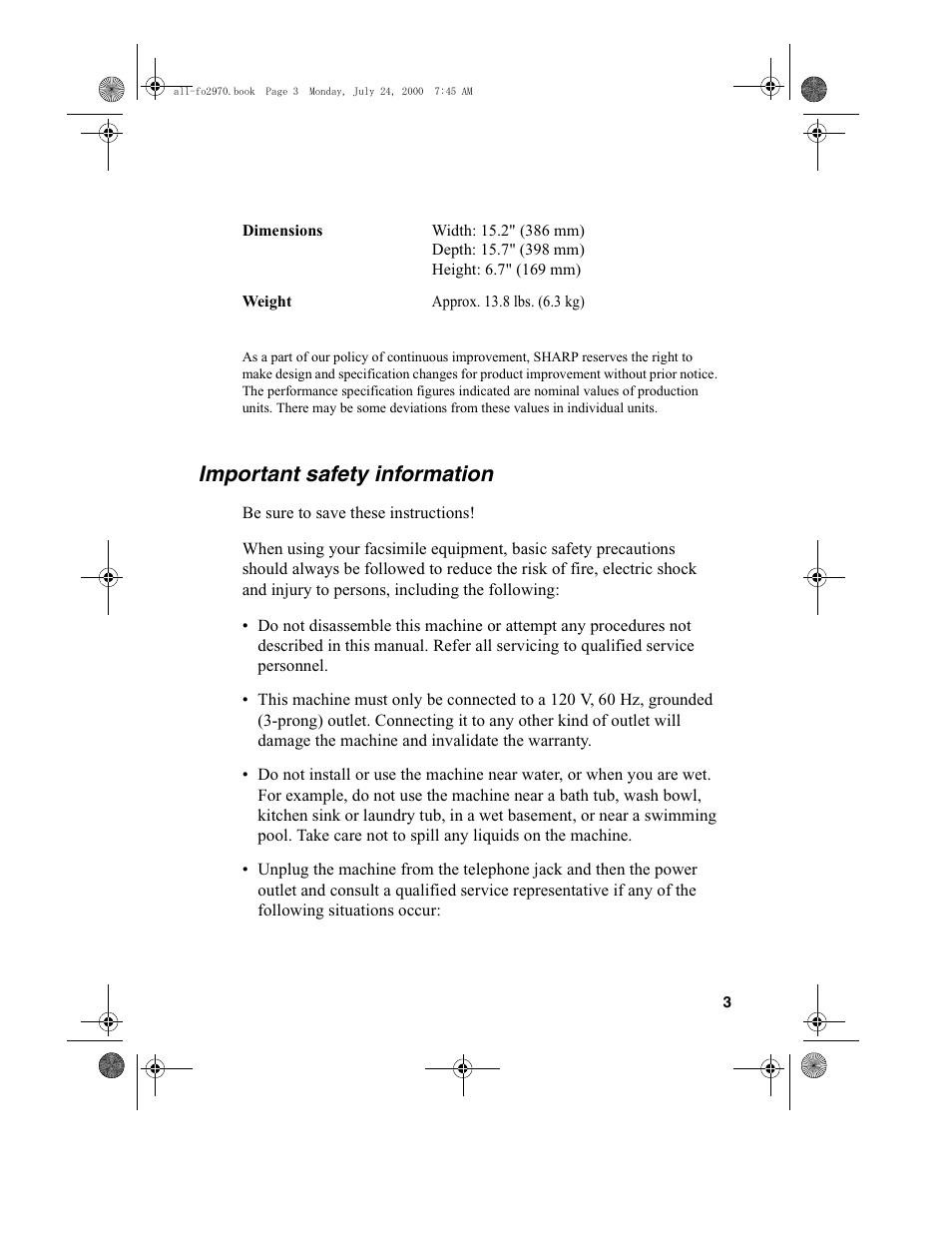 Important safety information | Sharp FO-2970M User Manual | Page 5 / 152