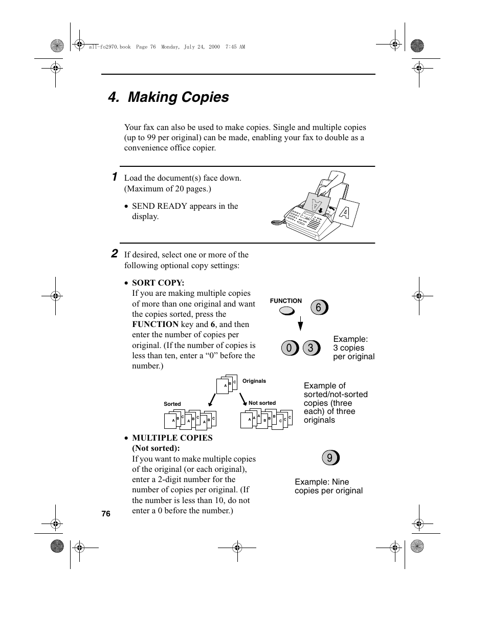 Making copies, Example: 3 copies per original | Sharp FO-2970M User Manual | Page 78 / 152