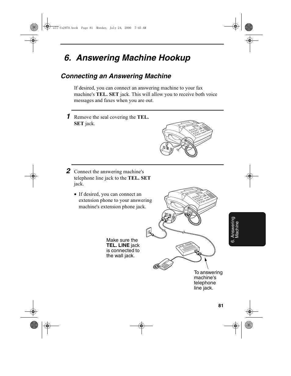 Answering machine hookup, Connecting an answering machine | Sharp FO-2970M User Manual | Page 83 / 152