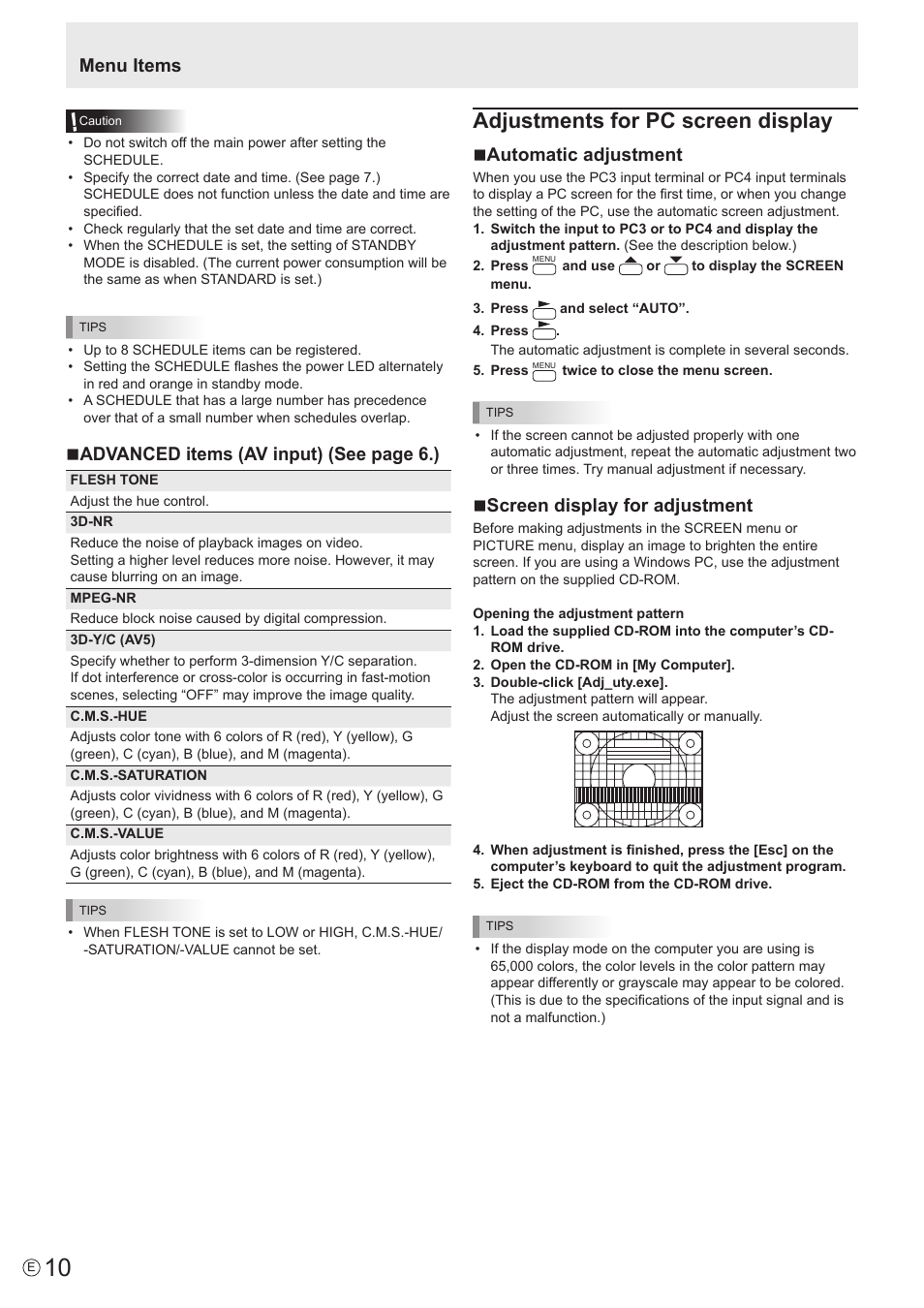 Adjustments for pc screen display, Menu items, Nadvanced items (av input) (see page 6.) | Nautomatic adjustment, Nscreen display for adjustment | Sharp PN-S655 User Manual | Page 10 / 30