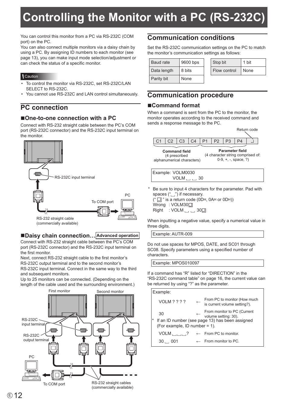 Controlling the monitor with a pc (rs-232c), Pc connection, Communication conditions | Communication procedure, None-to-one connection with a pc, Ndaisy chain connection, Ncommand format | Sharp PN-S655 User Manual | Page 12 / 30