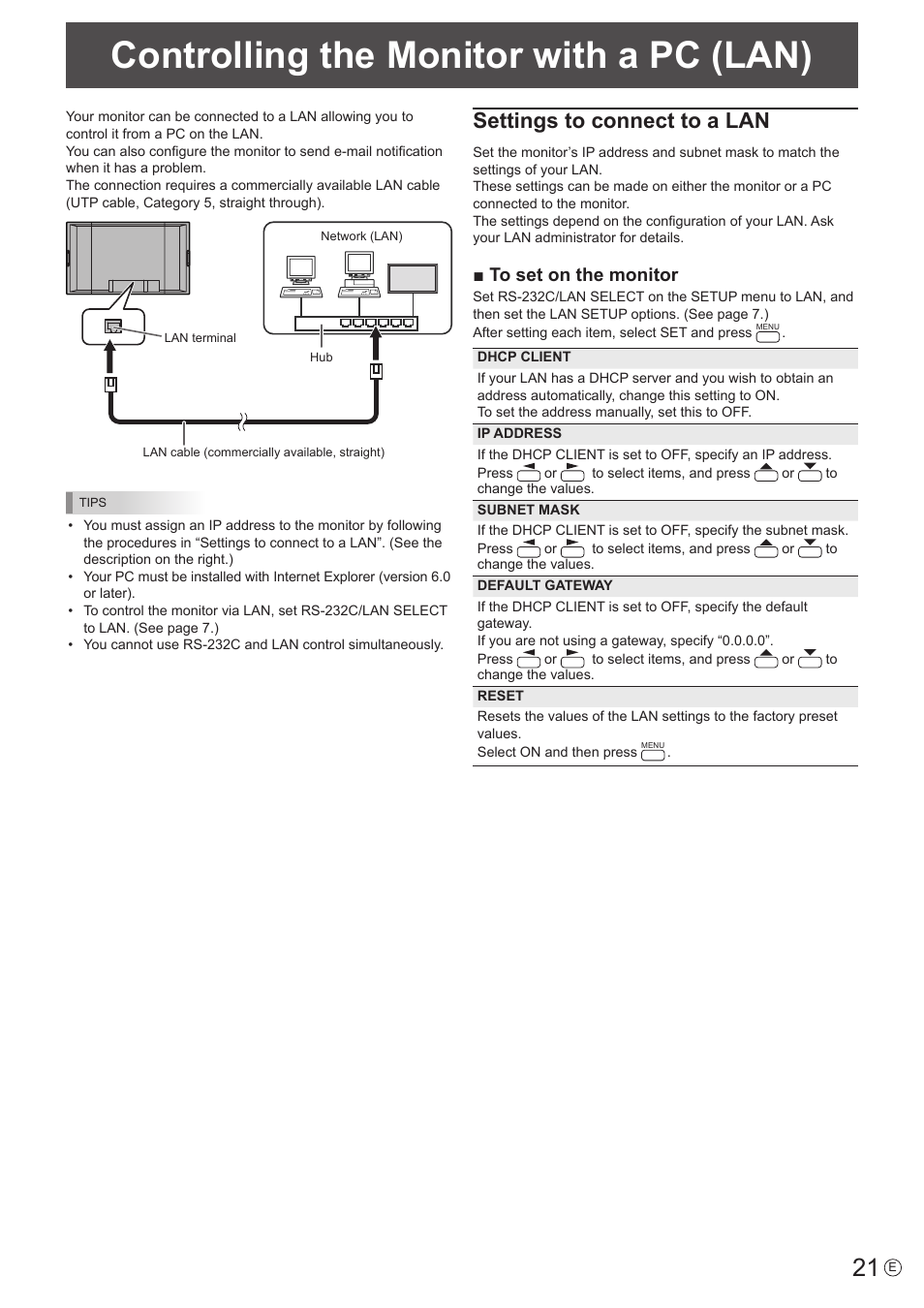 Controlling the monitor with a pc (lan), Settings to connect to a lan | Sharp PN-S655 User Manual | Page 21 / 30