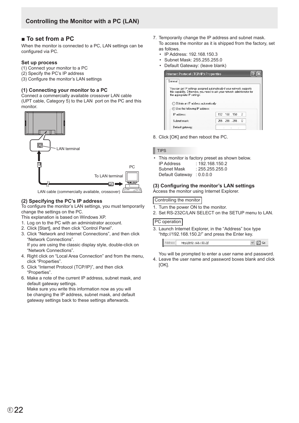 Controlling the monitor with a pc (lan) | Sharp PN-S655 User Manual | Page 22 / 30