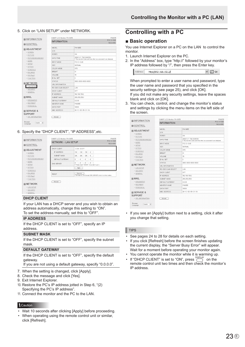 Controlling with a pc, Basic operation, Controlling the monitor with a pc (lan) | Sharp PN-S655 User Manual | Page 23 / 30