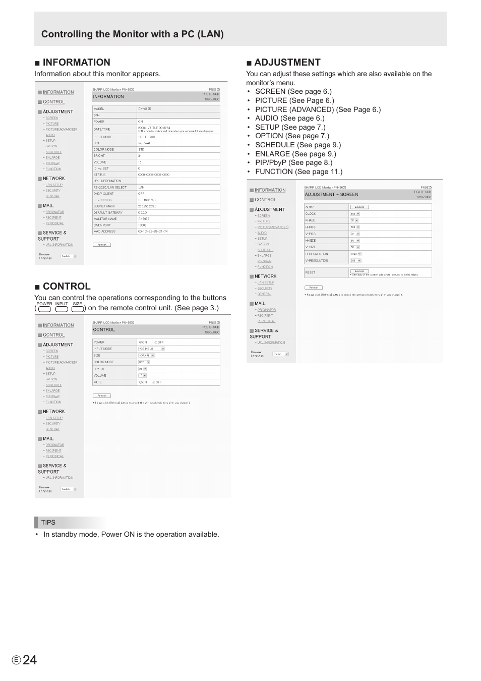 Information, Control, Adjustment | Controlling the monitor with a pc (lan) | Sharp PN-S655 User Manual | Page 24 / 30