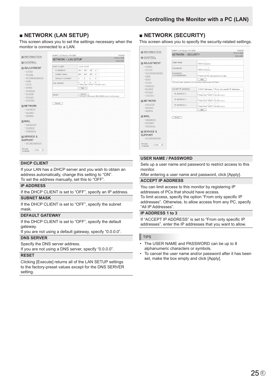 Network (lan setup), Network (security), Controlling the monitor with a pc (lan) | Sharp PN-S655 User Manual | Page 25 / 30