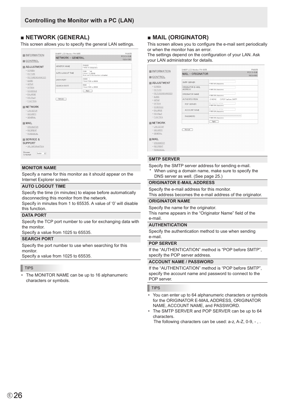 Network (general), Mail (originator), Controlling the monitor with a pc (lan) | Sharp PN-S655 User Manual | Page 26 / 30