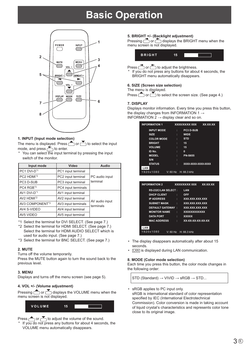 Basic operation | Sharp PN-S655 User Manual | Page 3 / 30