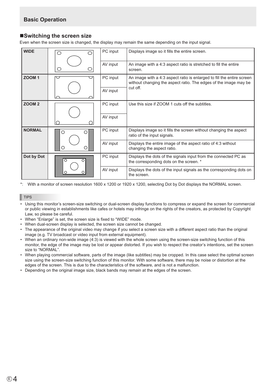 Basic operation n switching the screen size | Sharp PN-S655 User Manual | Page 4 / 30