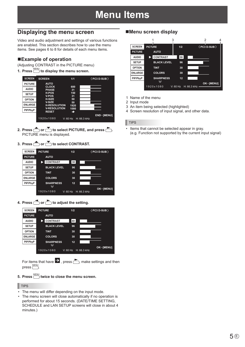 Menu items, Displaying the menu screen, Nexample of operation | Nmenu screen display | Sharp PN-S655 User Manual | Page 5 / 30