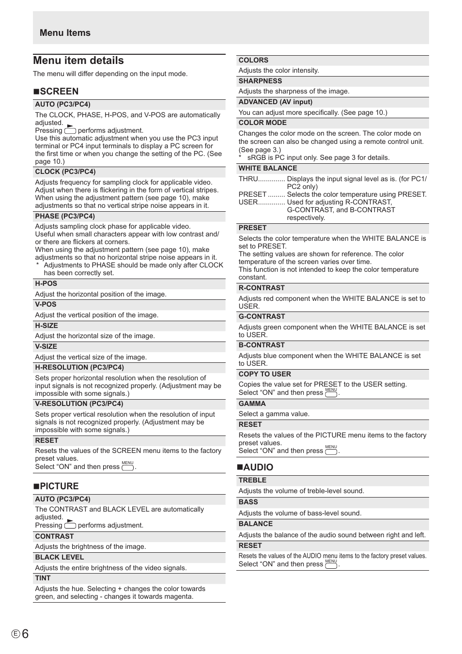 Menu item details, Nscreen, Npicture | Naudio, Menu items | Sharp PN-S655 User Manual | Page 6 / 30