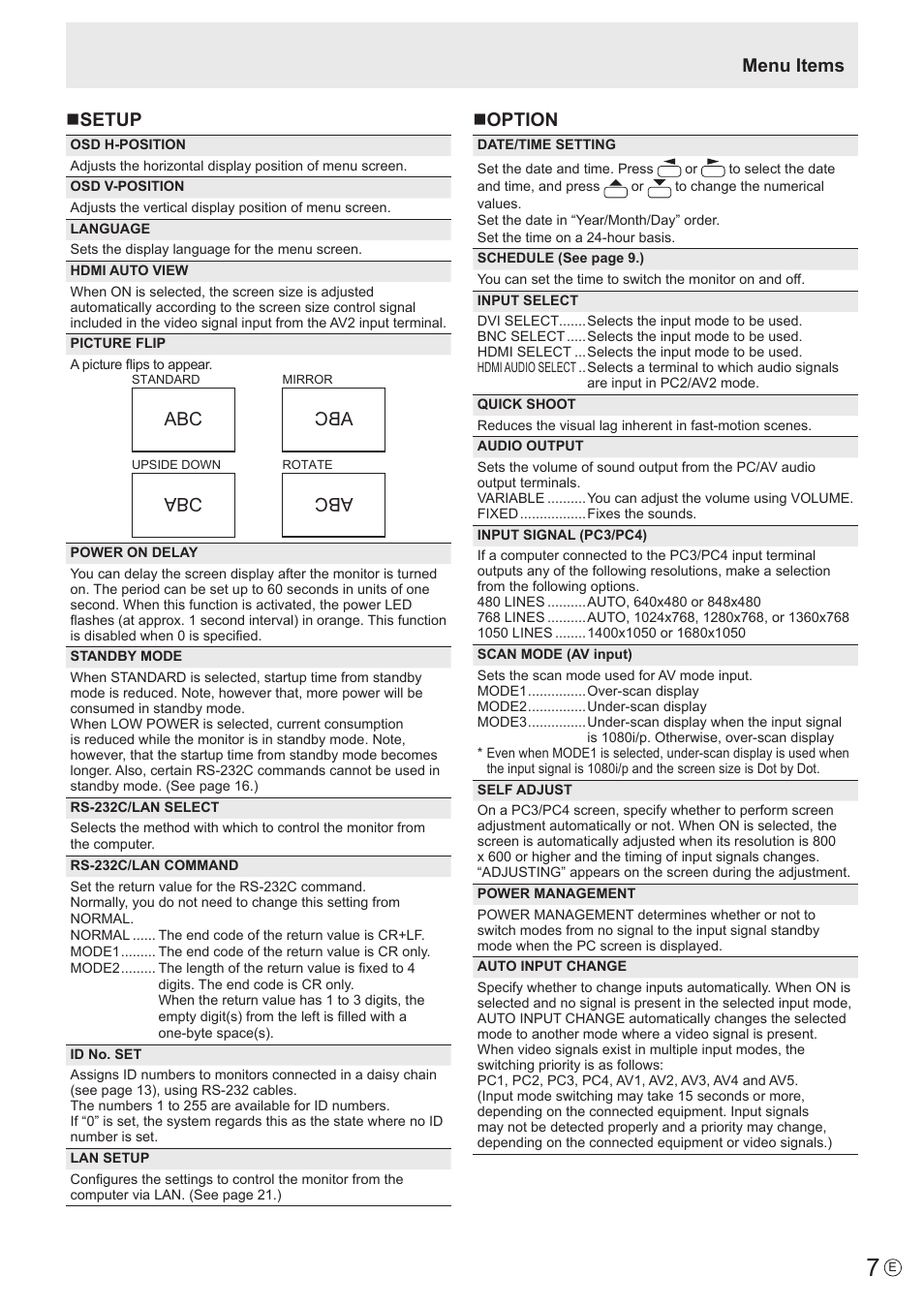 Nsetup, Noption, Menu items | Sharp PN-S655 User Manual | Page 7 / 30