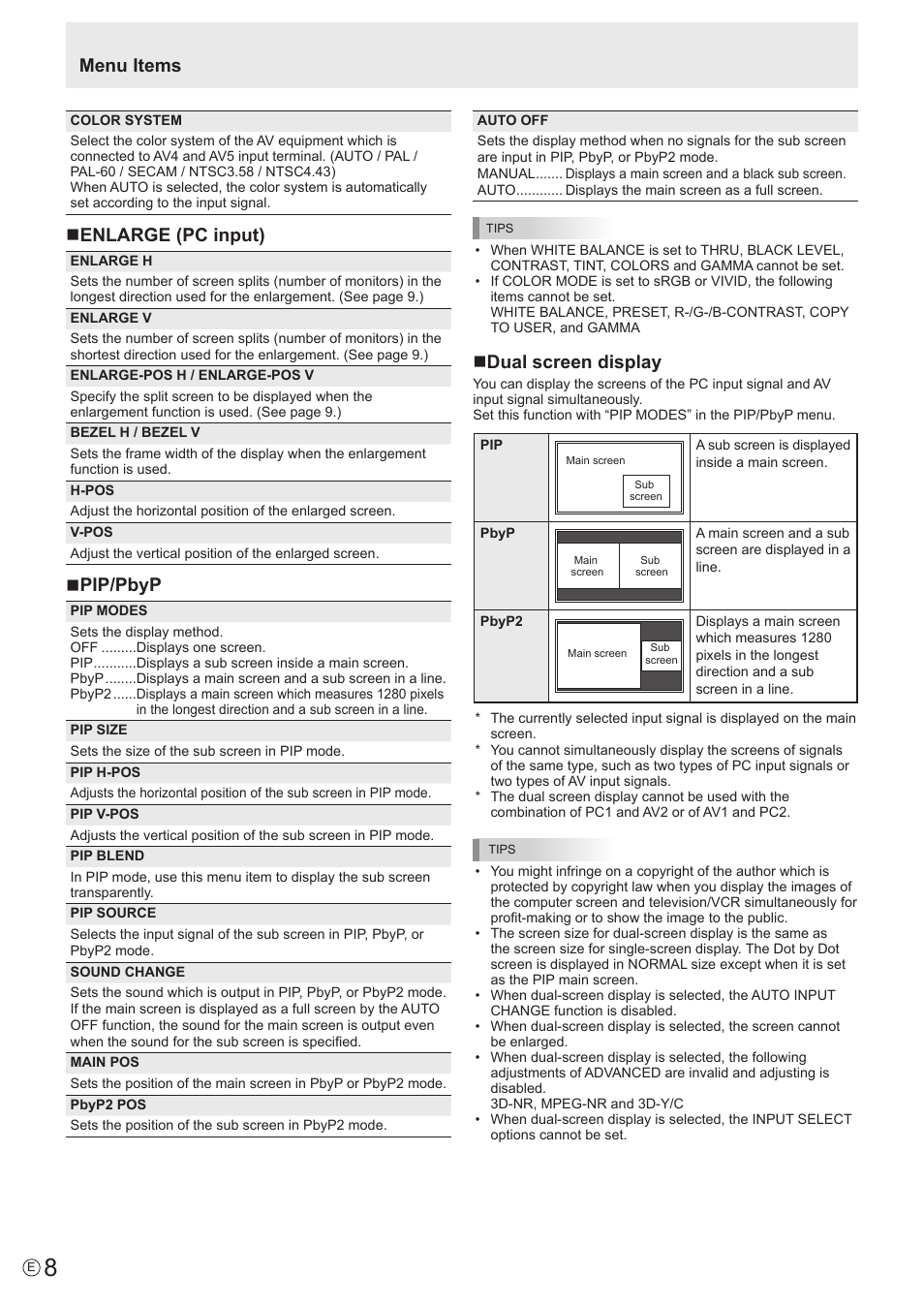 Menu items, Ndual screen display, Nenlarge (pc input) | Npip/pbyp | Sharp PN-S655 User Manual | Page 8 / 30