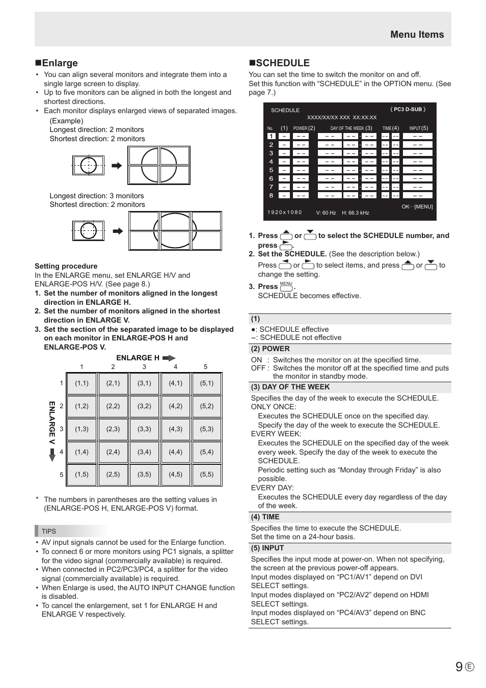 Menu items n enlarge, Nschedule | Sharp PN-S655 User Manual | Page 9 / 30