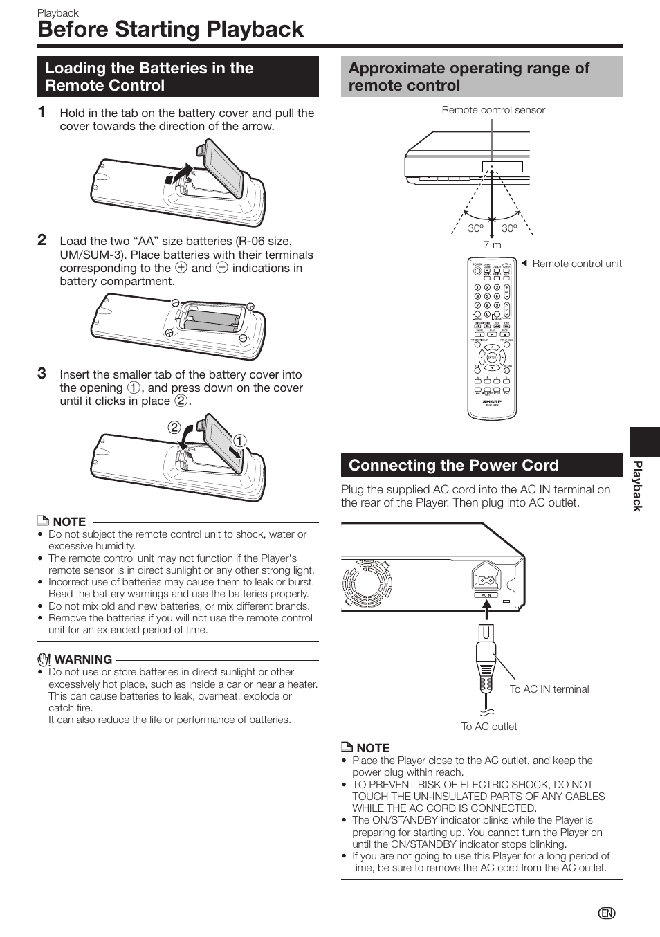 Before starting playback, Loading the batteries in the remote control, 12 3 connecting the power cord | Approximate operating range of remote control | Sharp 10P01-CH-NG User Manual | Page 21 / 65