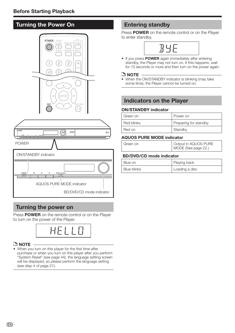 Turning the power on turning the power on, Entering standby, Indicators on the player | Before starting playback | Sharp 10P01-CH-NG User Manual | Page 22 / 65