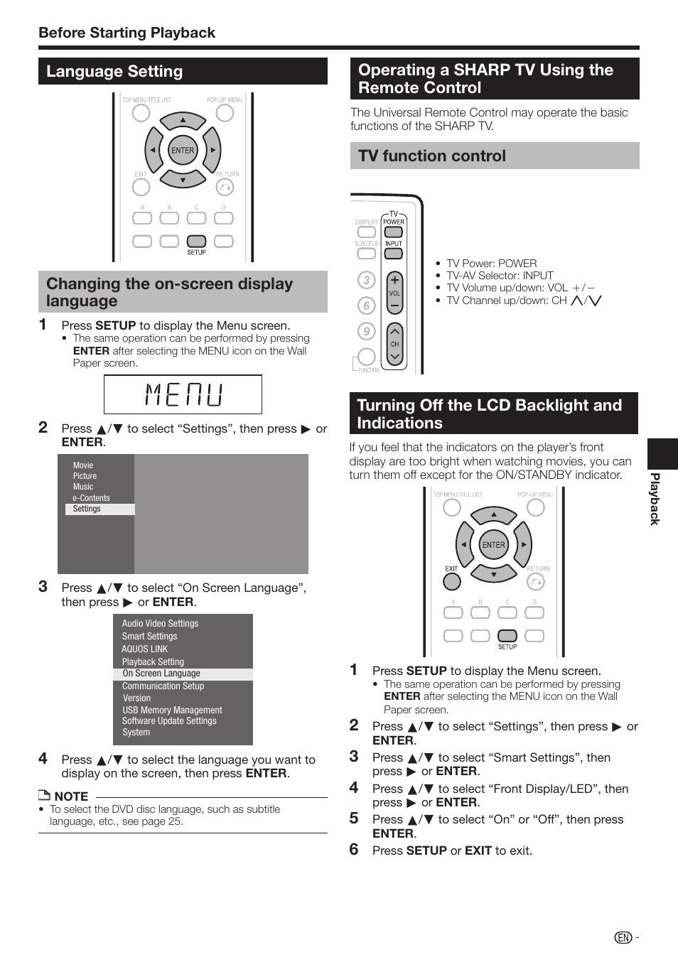 Operating a sharp tv using the remote control, Tv function control, 23 4 turning off the lcd backlight and indications | Before starting playback | Sharp 10P01-CH-NG User Manual | Page 23 / 65