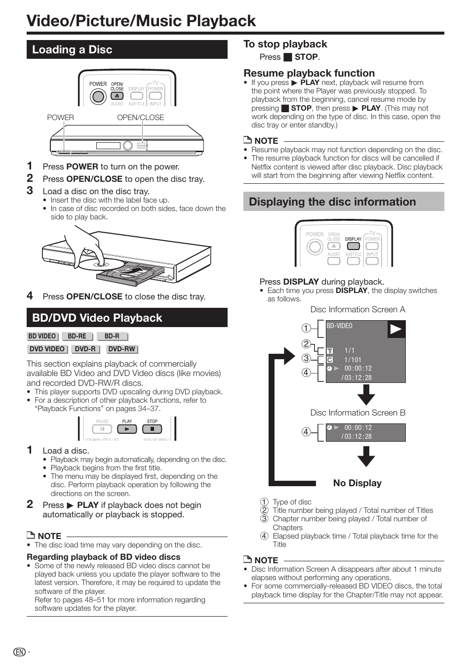 Video/picture/music playback, Loading a disc, Bd/dvd video playback | Displaying the disc information, Resume playback function | Sharp 10P01-CH-NG User Manual | Page 26 / 65