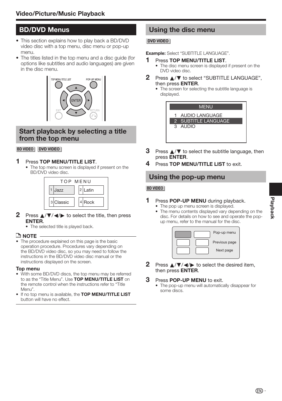 Bd/dvd menus, Using the disc menu, Using the pop-up menu | Video/picture/music playback | Sharp 10P01-CH-NG User Manual | Page 27 / 65