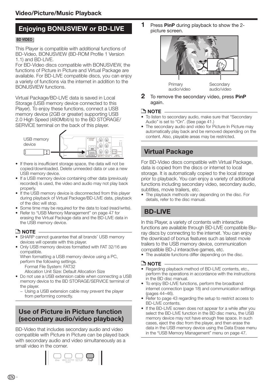 Enjoying bonusview or bd-live, Virtual package, Bd-live | Video/picture/music playback | Sharp 10P01-CH-NG User Manual | Page 28 / 65